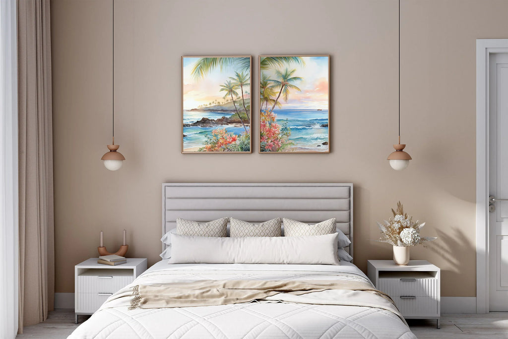 Modern beach wall art set of 2 – tropical Hawaii ocean scene with turquoise water and golden sunset