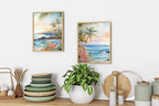 Modern beach wall art set of 2 – tropical Hawaii ocean scene with turquoise water and golden sunset