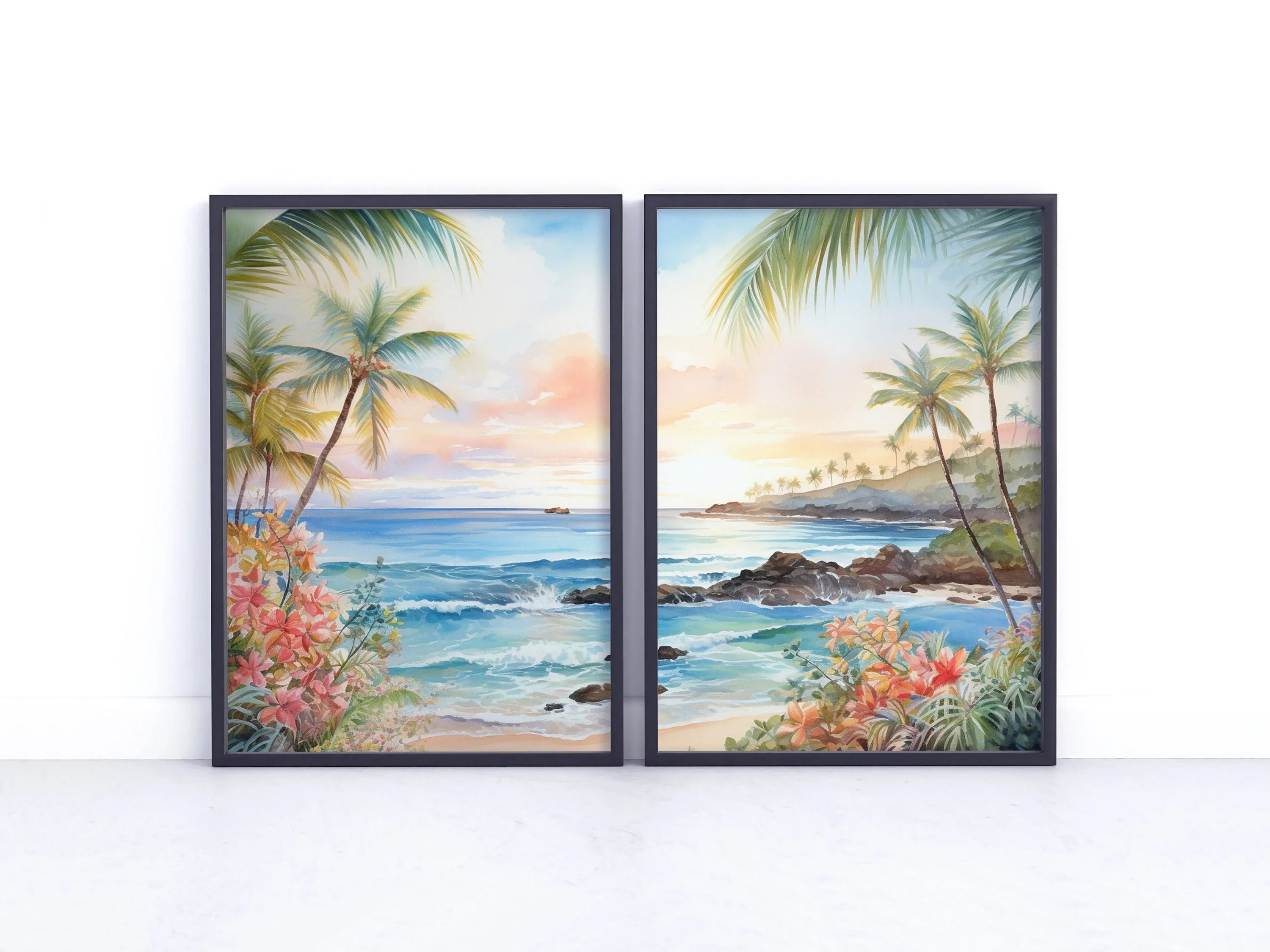 Modern beach wall art set of 2 – tropical Hawaii ocean scene with turquoise water and golden sunset