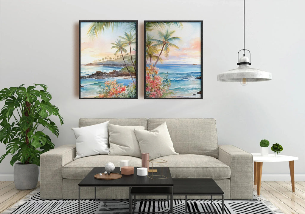 Modern beach wall art set of 2 – tropical Hawaii ocean scene with turquoise water and golden sunset