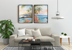 Modern beach wall art set of 2 – tropical Hawaii ocean scene with turquoise water and golden sunset