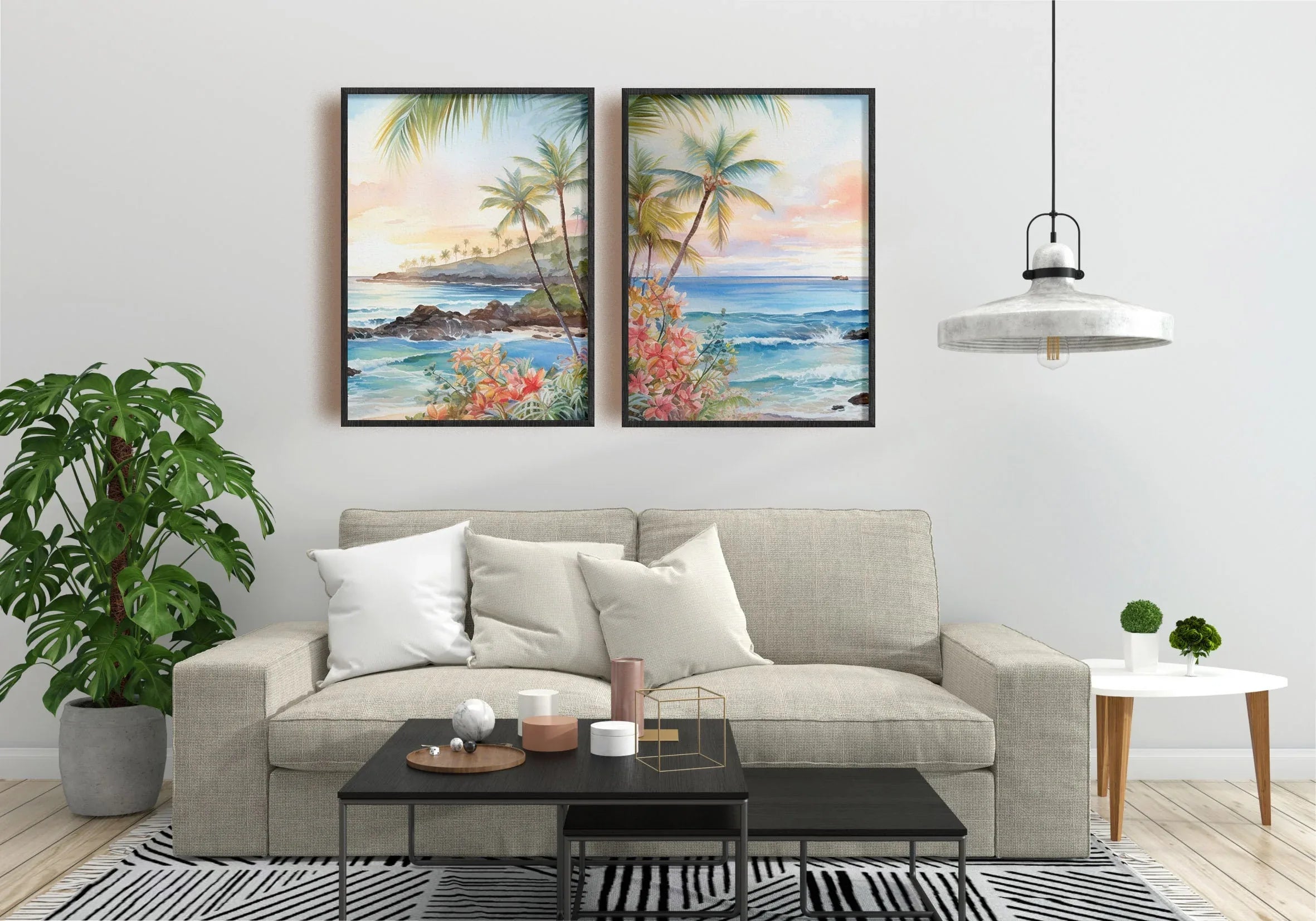 Modern beach wall art set of 2 – tropical Hawaii ocean scene with turquoise water and golden sunset