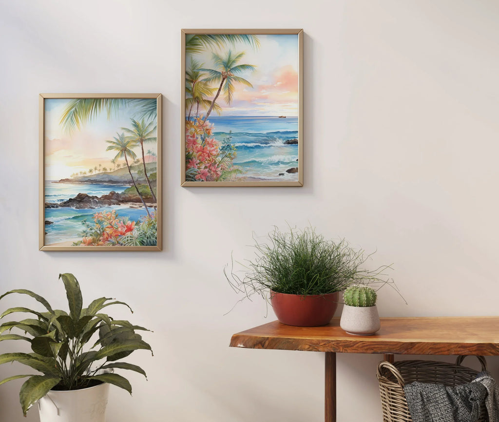 Modern beach wall art set of 2 – tropical Hawaii ocean scene with turquoise water and golden sunset