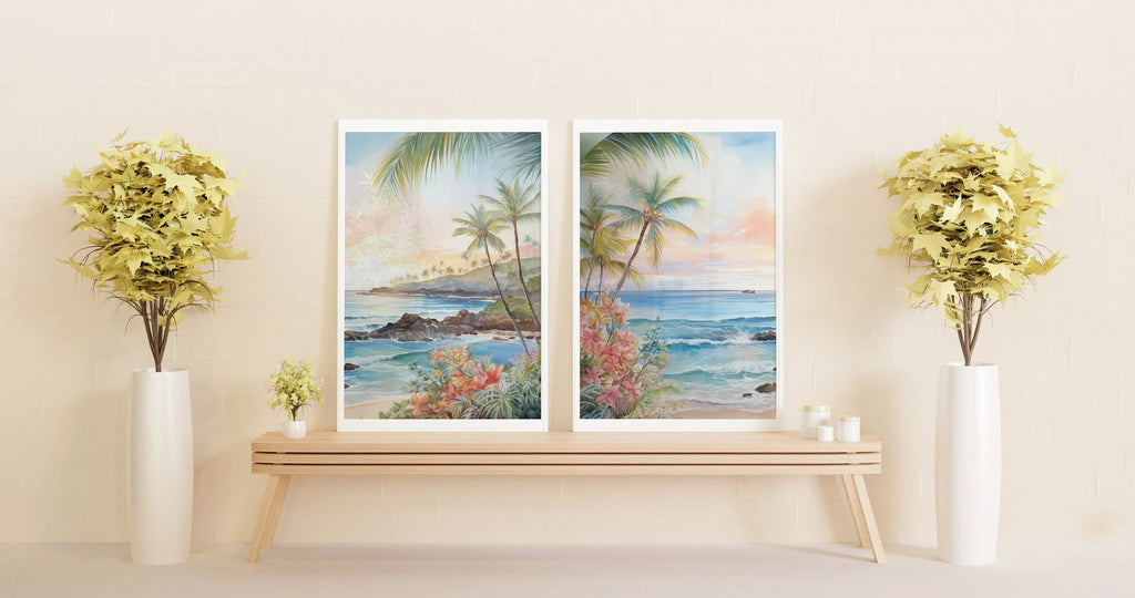 Modern beach wall art set of 2 – tropical Hawaii ocean scene with turquoise water and golden sunset