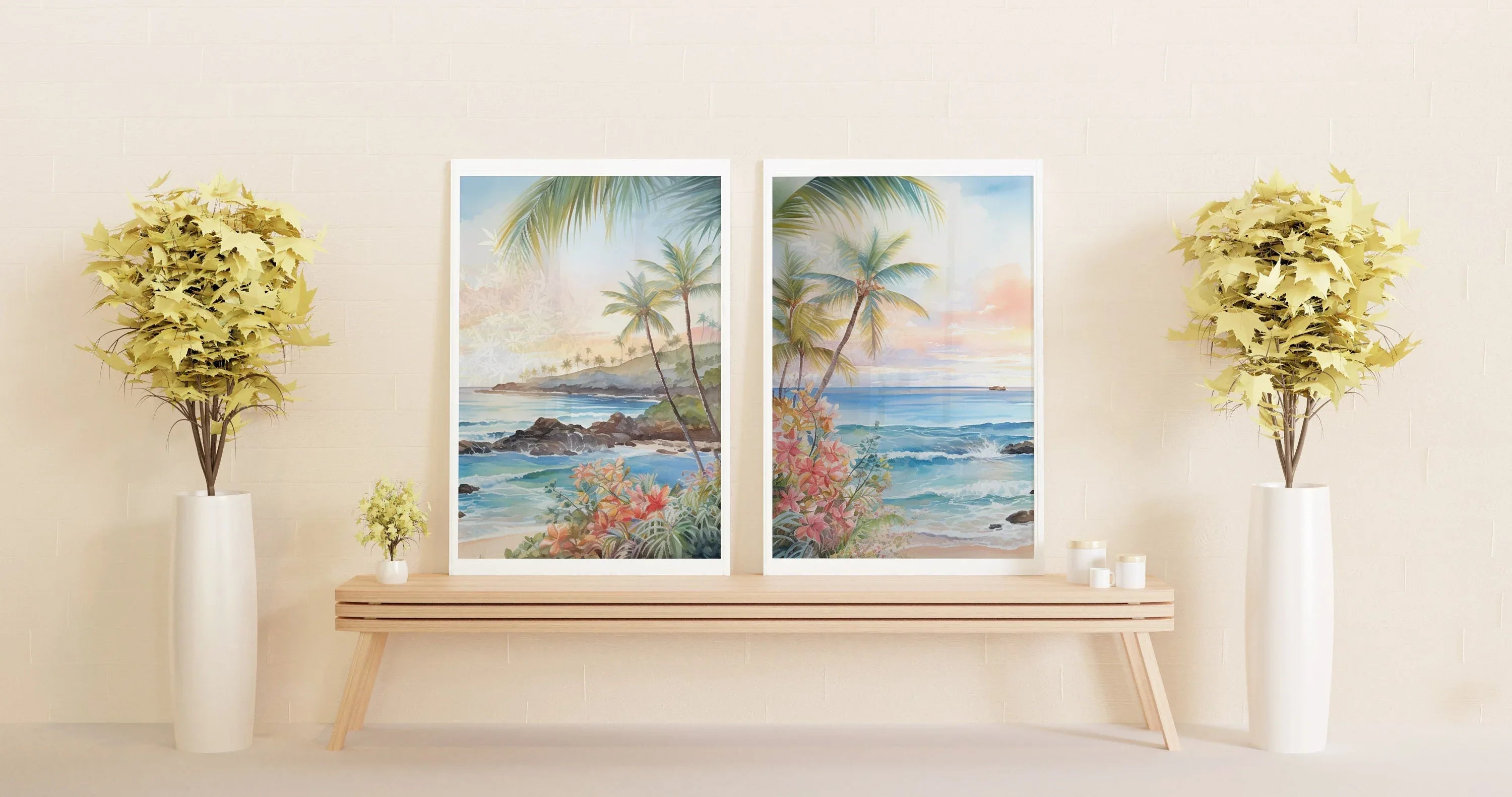 Modern beach wall art set of 2 – tropical Hawaii ocean scene with turquoise water and golden sunset
