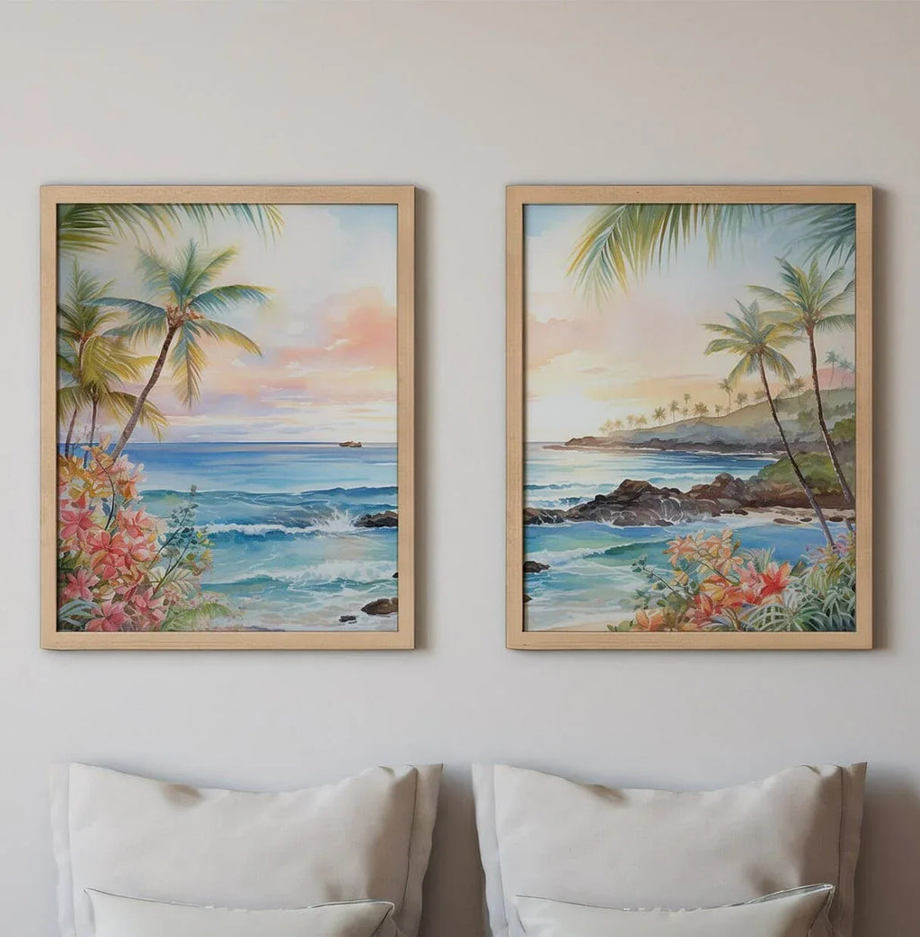 Modern beach wall art set of 2 – tropical Hawaii ocean scene with turquoise water and golden sunset