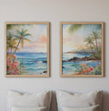 Modern beach wall art set of 2 – tropical Hawaii ocean scene with turquoise water and golden sunset