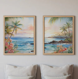 Modern beach wall art set of 2 – tropical Hawaii ocean scene with turquoise water and golden sunset