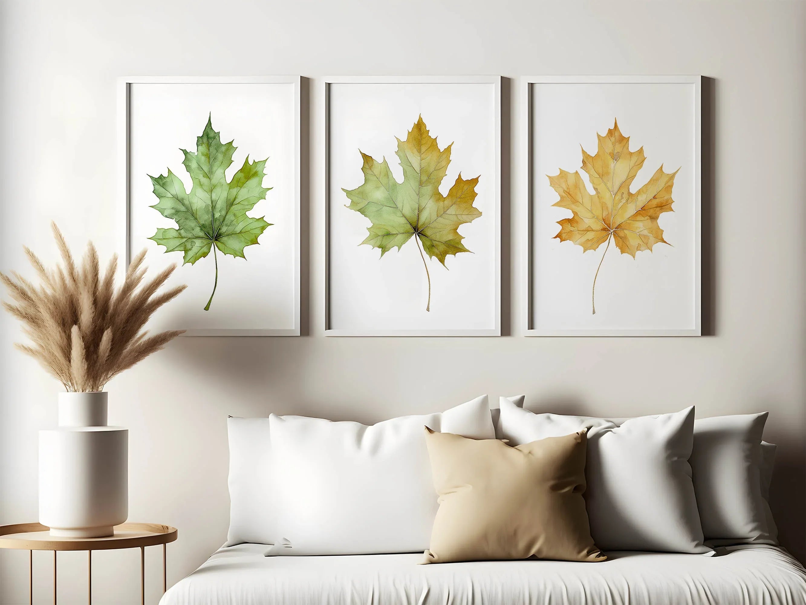 Maple leaf watercolor wall art set of 3 – autumn leaves in warm red, orange, and gold tones