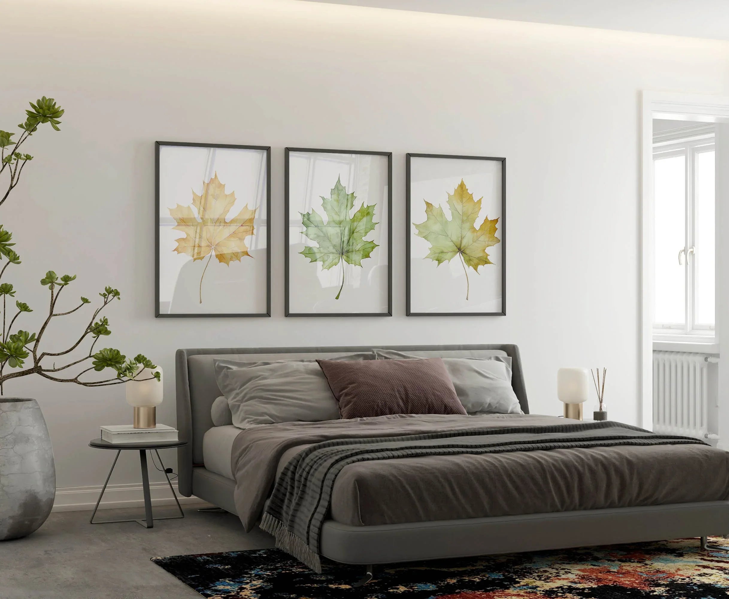 Maple leaf watercolor wall art set of 3 – autumn leaves in warm red, orange, and gold tones