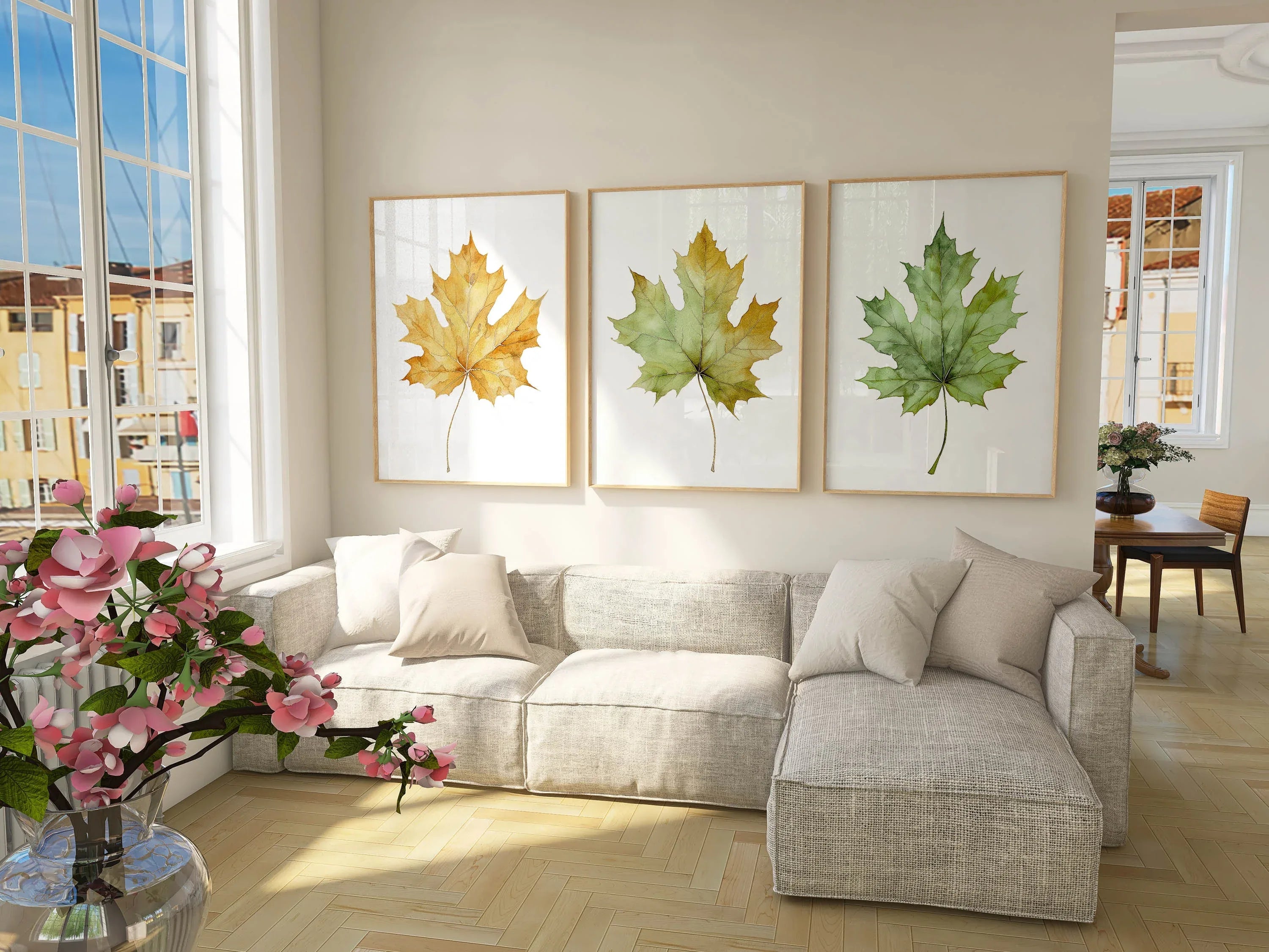 Maple leaf watercolor wall art set of 3 – autumn leaves in warm red, orange, and gold tones
