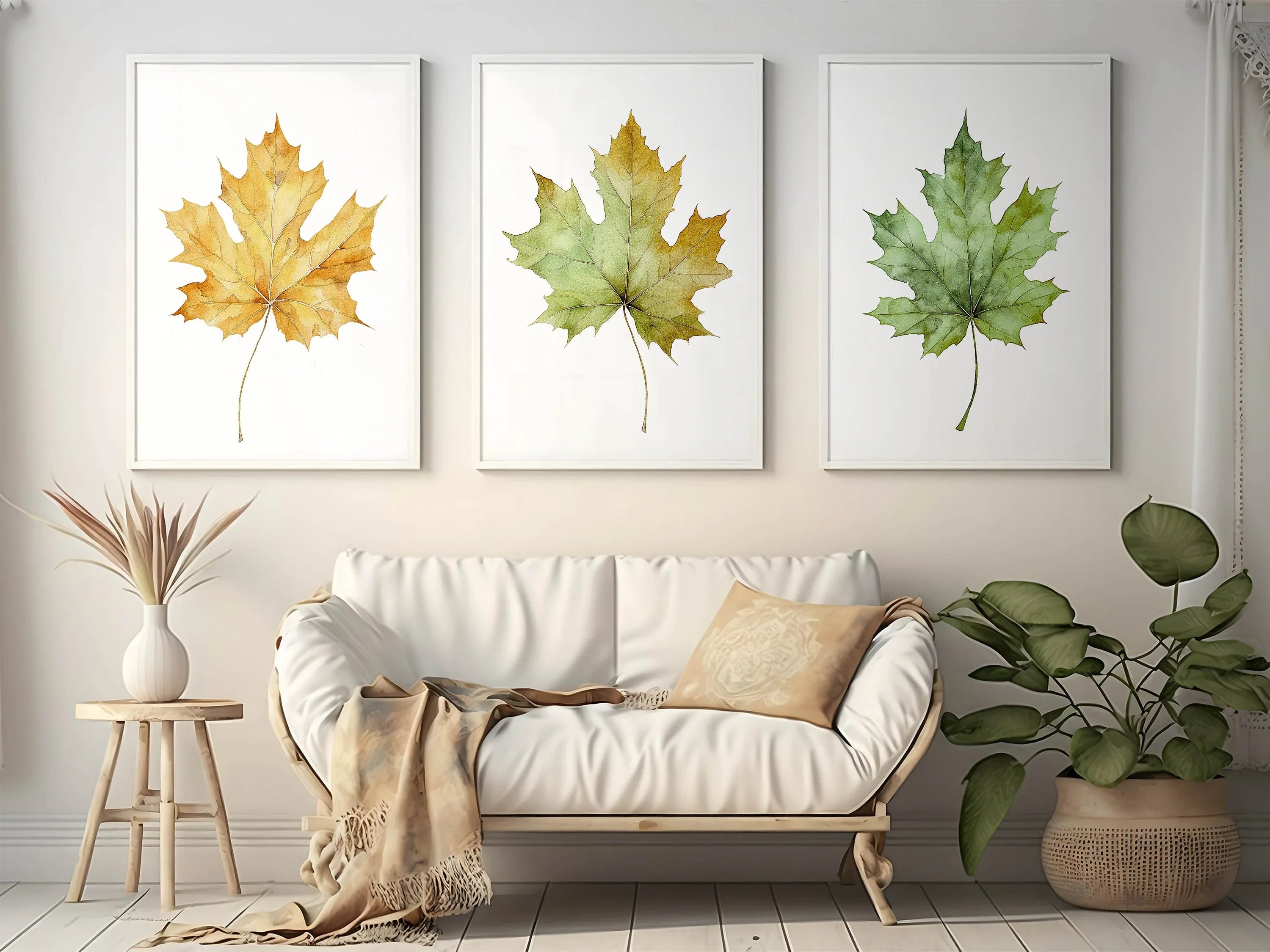 Maple leaf watercolor wall art set of 3 – autumn leaves in warm red, orange, and gold tones