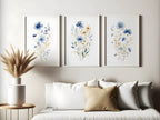 Meadow wildflowers watercolor wall art set of 3 – gold and navy blue botanical triptych