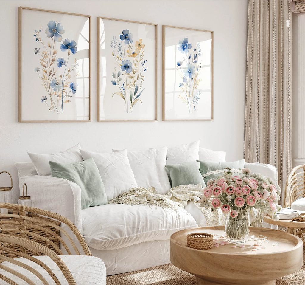 Meadow wildflowers watercolor wall art set of 3 – gold and navy blue botanical triptych