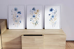 Meadow wildflowers watercolor wall art set of 3 – gold and navy blue botanical triptych