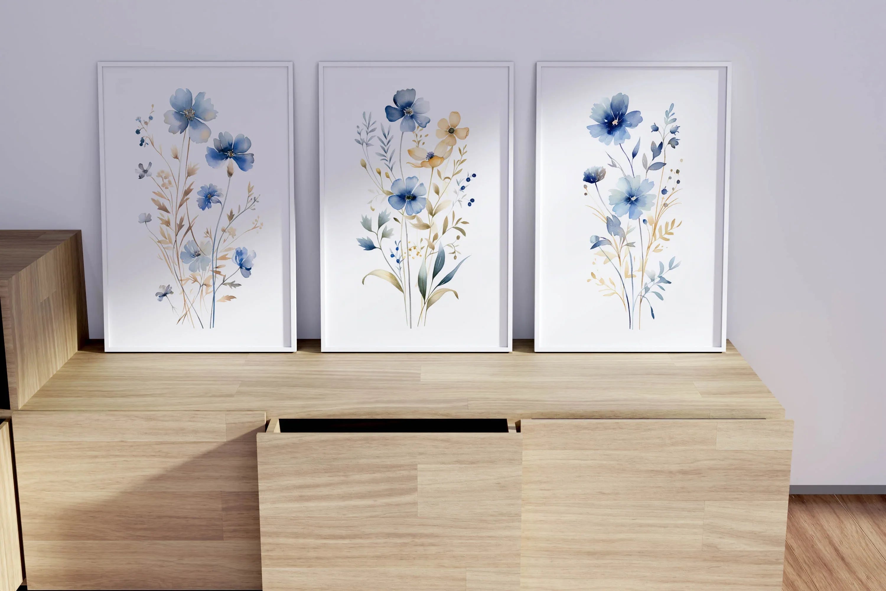 Meadow wildflowers watercolor wall art set of 3 – gold and navy blue botanical triptych