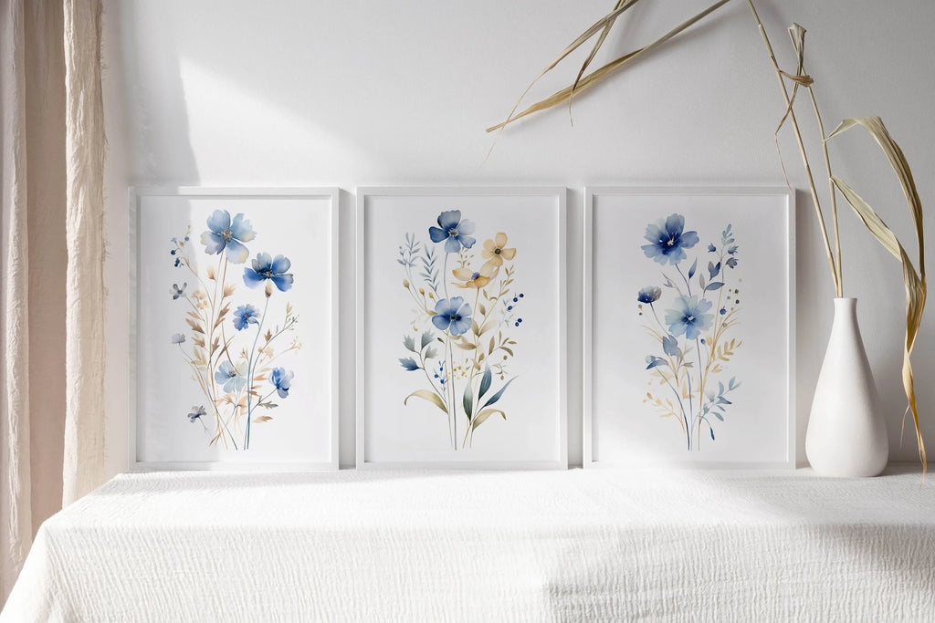 Meadow wildflowers watercolor wall art set of 3 – gold and navy blue botanical triptych