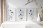 Meadow wildflowers watercolor wall art set of 3 – gold and navy blue botanical triptych