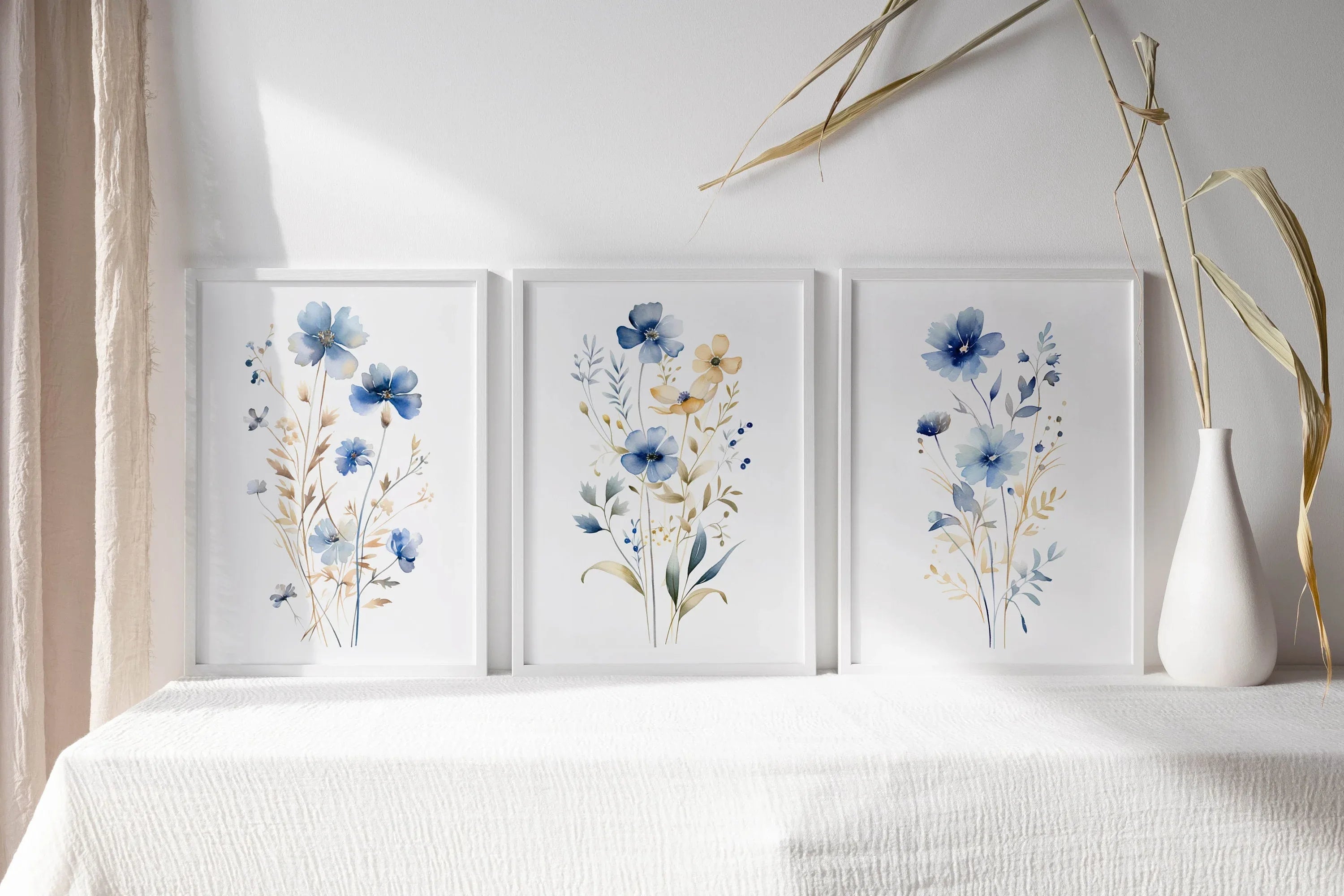 Meadow wildflowers watercolor wall art set of 3 – gold and navy blue botanical triptych