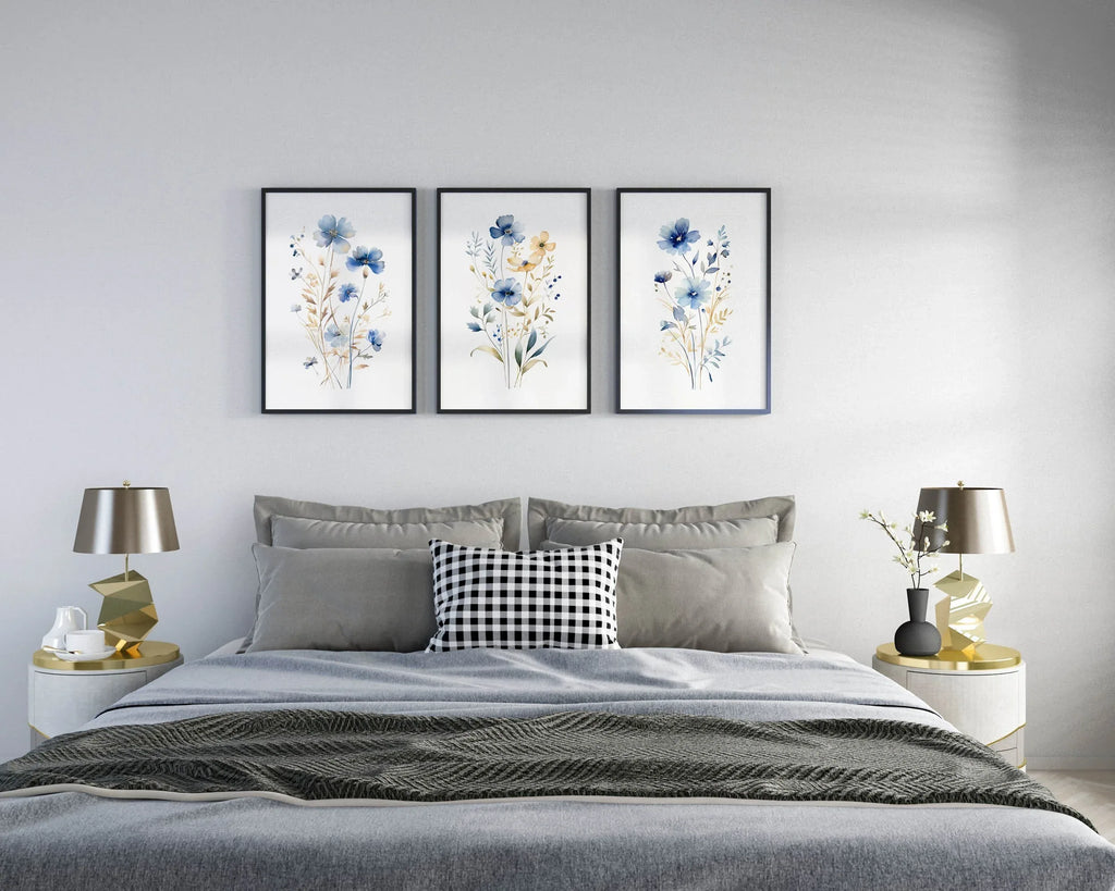 Meadow wildflowers watercolor wall art set of 3 – gold and navy blue botanical triptych