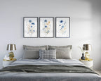 Meadow wildflowers watercolor wall art set of 3 – gold and navy blue botanical triptych