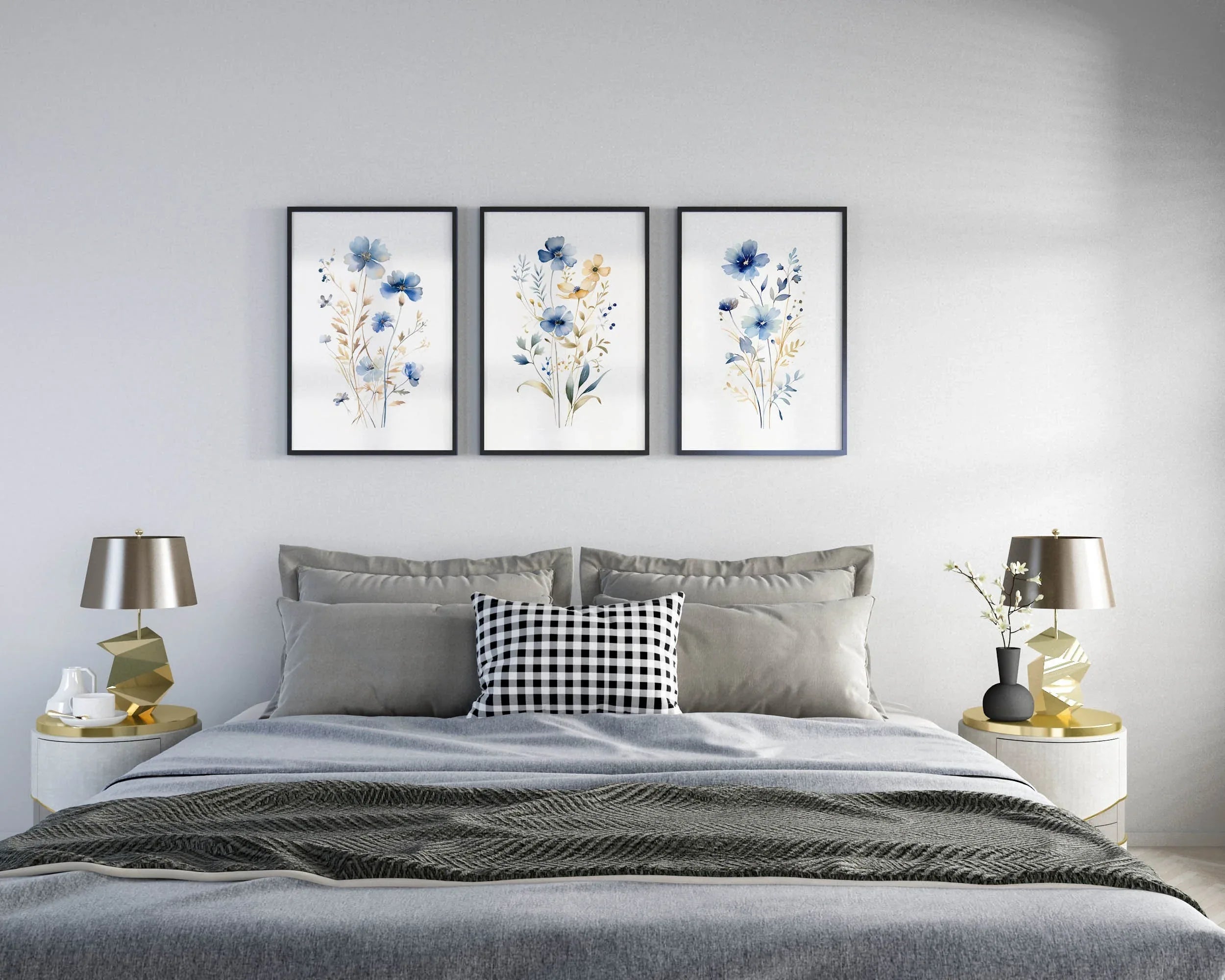 Meadow wildflowers watercolor wall art set of 3 – gold and navy blue botanical triptych