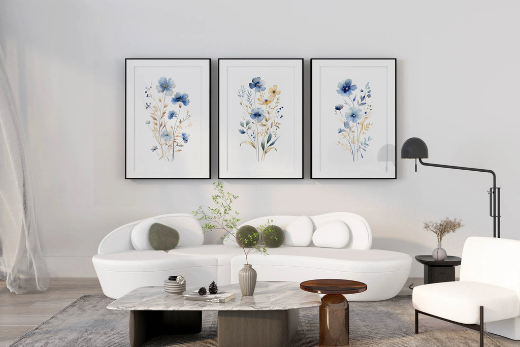 Meadow wildflowers watercolor wall art set of 3 – gold and navy blue botanical triptych