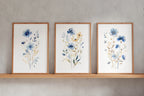 Meadow wildflowers watercolor wall art set of 3 – gold and navy blue botanical triptych