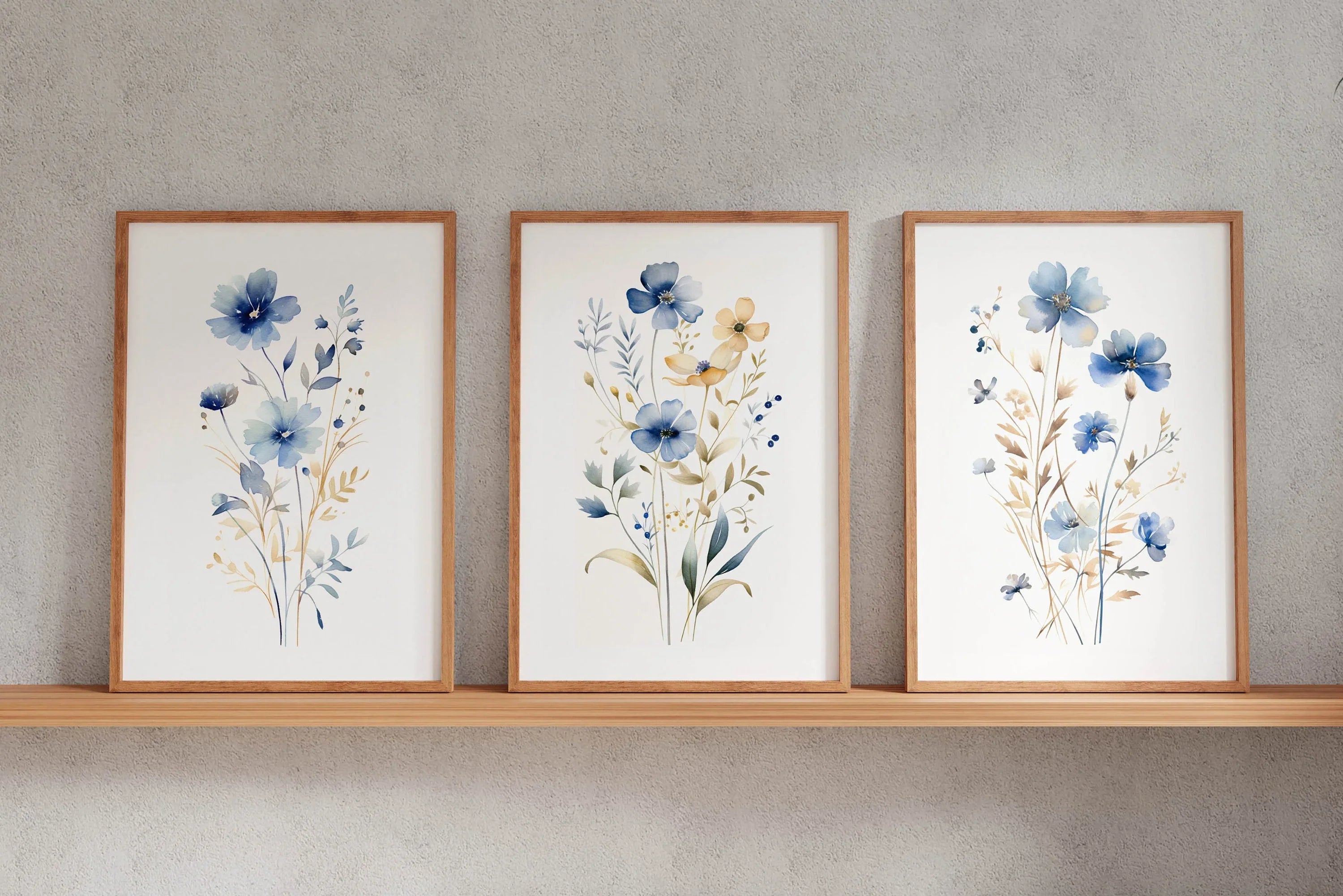 Meadow wildflowers watercolor wall art set of 3 – gold and navy blue botanical triptych