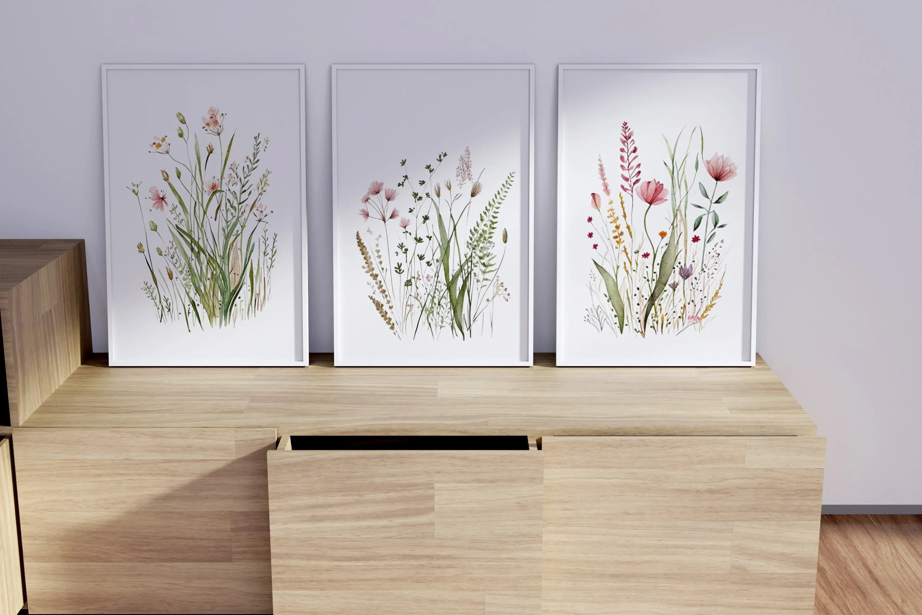 Wildflower farmhouse wall art set of 3 – vintage floral meadow decor in earthy tones