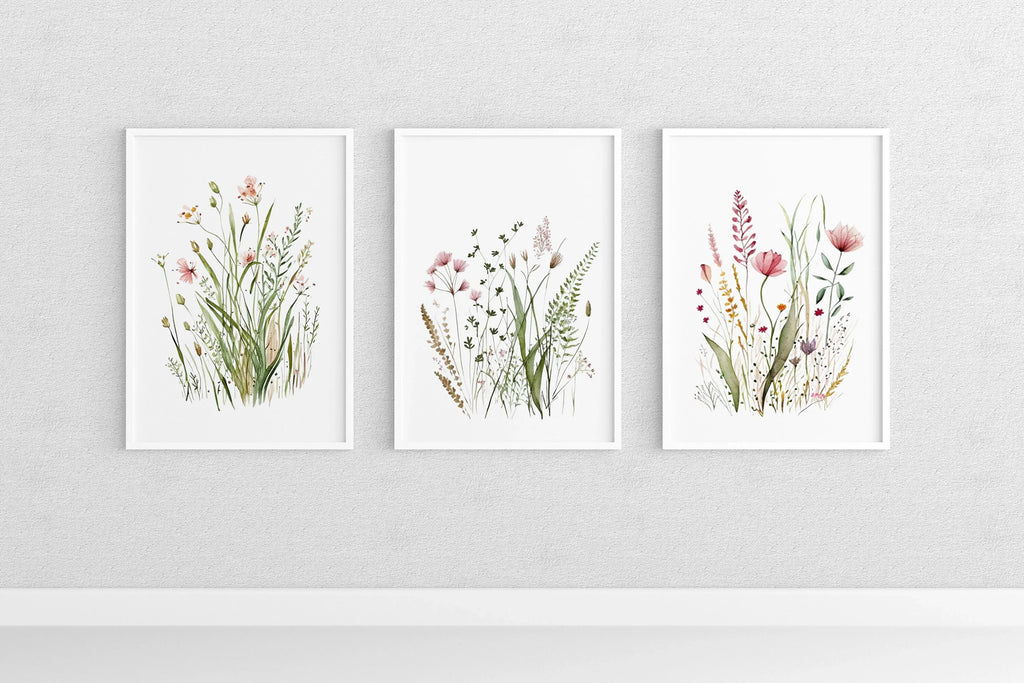 Wildflower farmhouse wall art set of 3 – vintage floral meadow decor in earthy tones