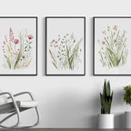 Wildflower farmhouse wall art set of 3 – vintage floral meadow decor in earthy tones