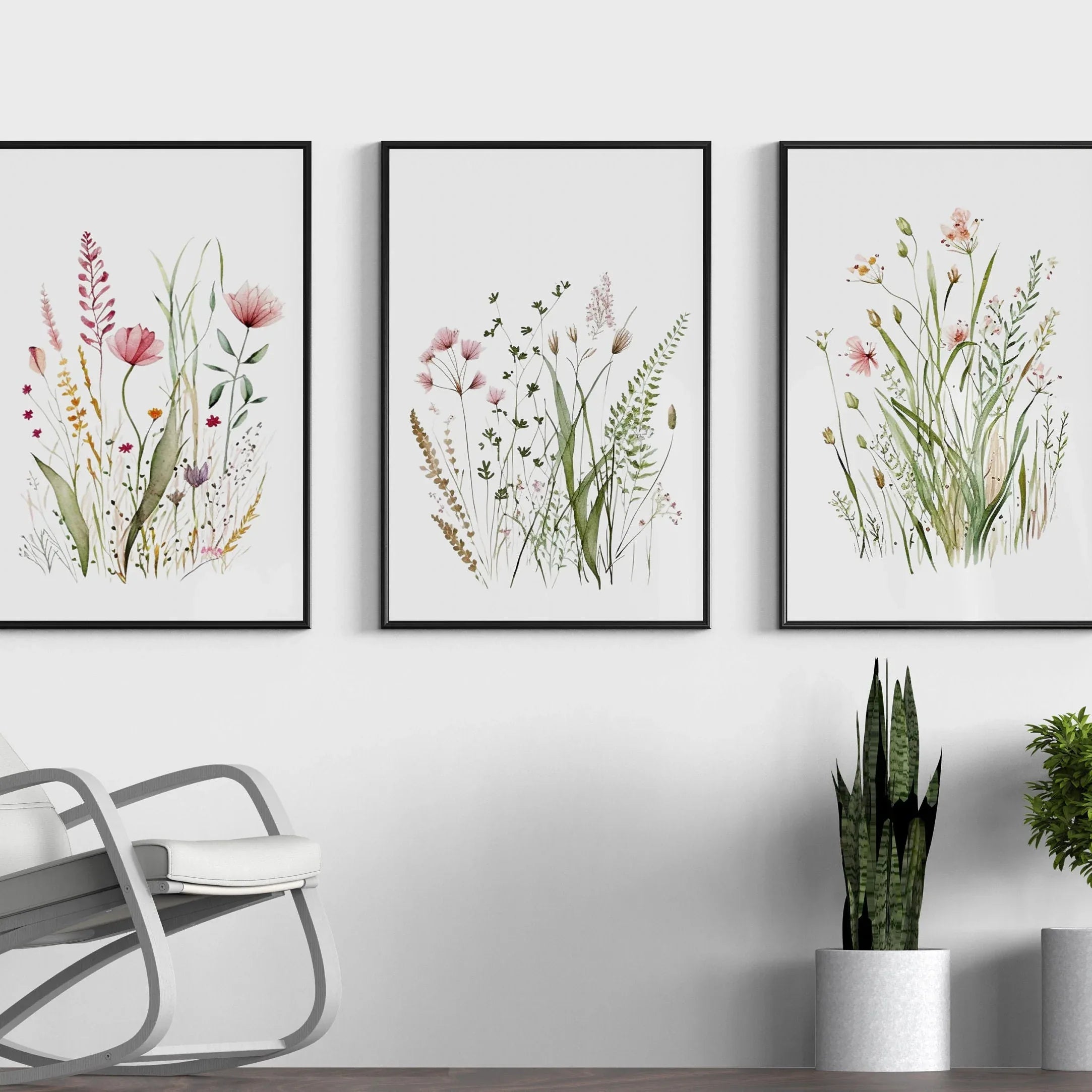 Wildflower farmhouse wall art set of 3 – vintage floral meadow decor in earthy tones