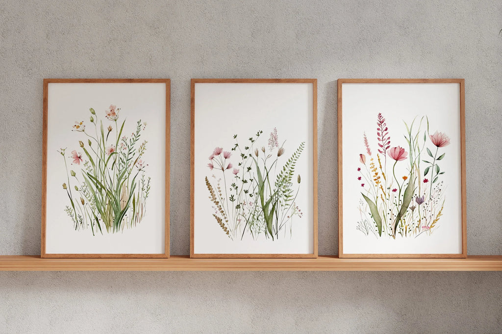 Wildflower farmhouse wall art set of 3 – vintage floral meadow decor in earthy tones