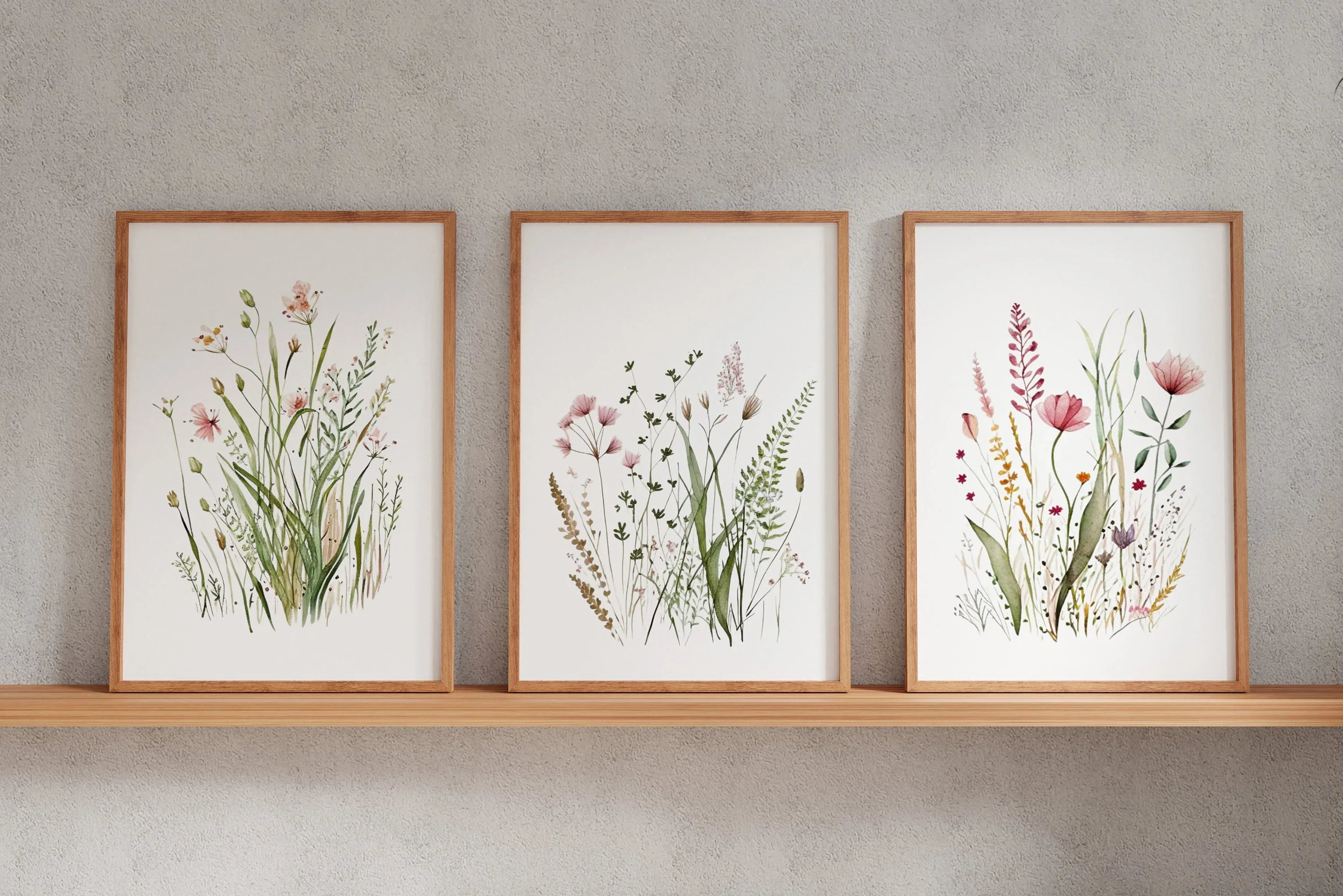 Wildflower farmhouse wall art set of 3 – vintage floral meadow decor in earthy tones
