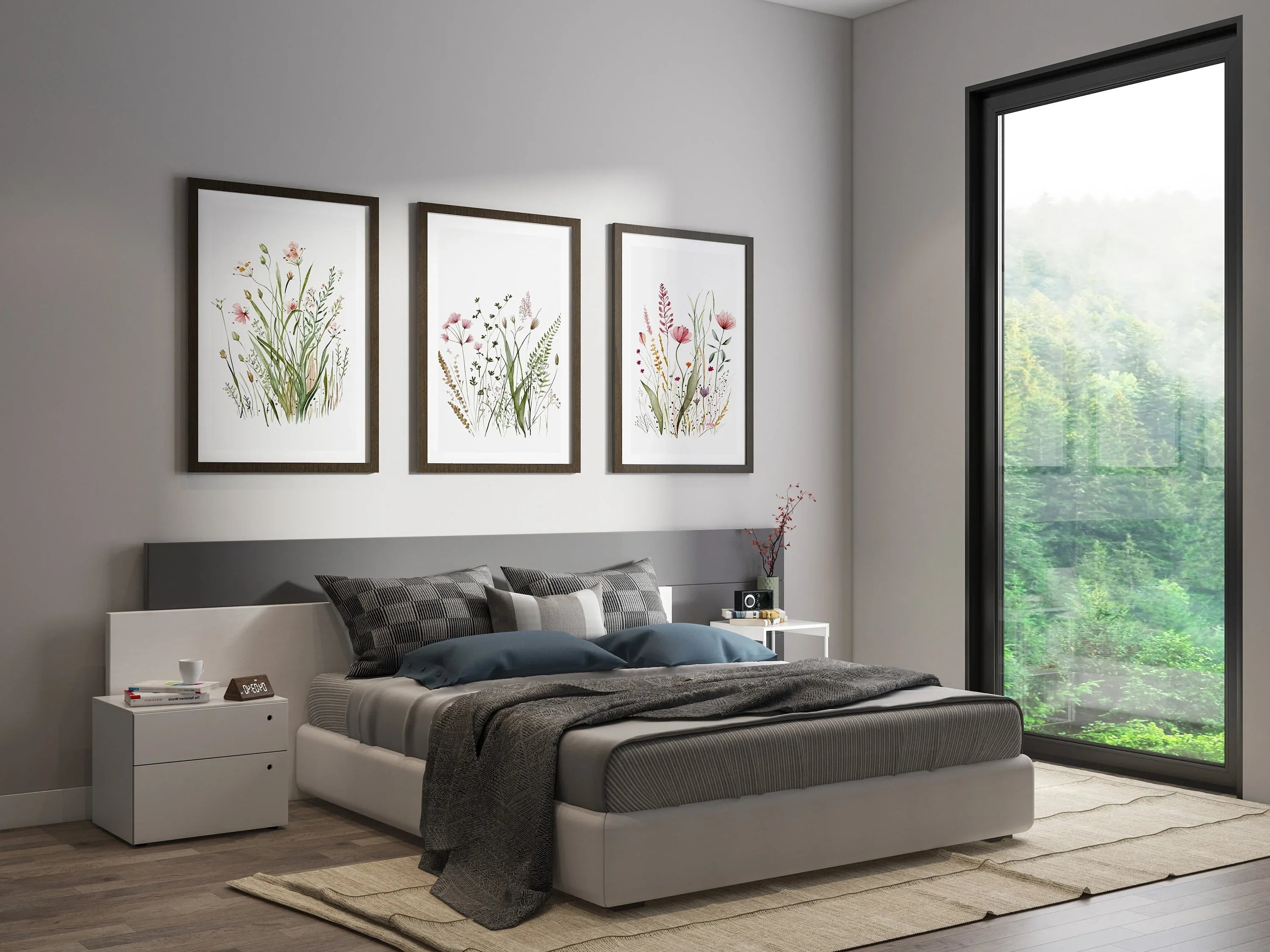 Wildflower farmhouse wall art set of 3 – vintage floral meadow decor in earthy tones