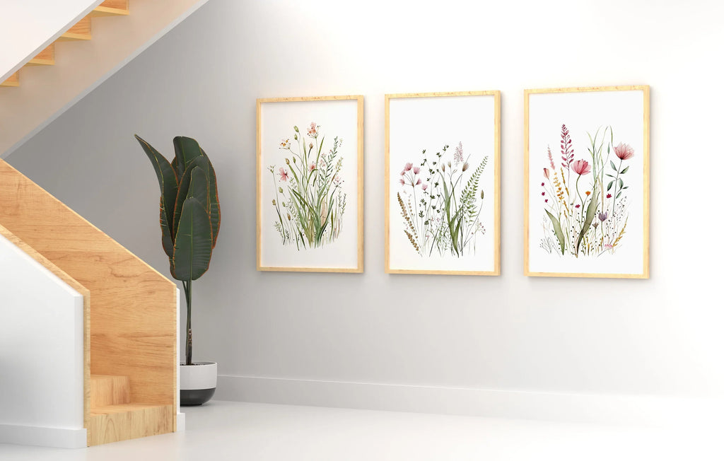 Wildflower farmhouse wall art set of 3 – vintage floral meadow decor in earthy tones