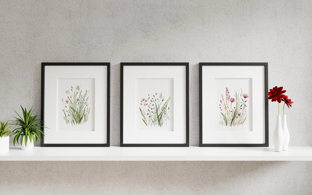 Wildflower farmhouse wall art set of 3 – vintage floral meadow decor in earthy tones