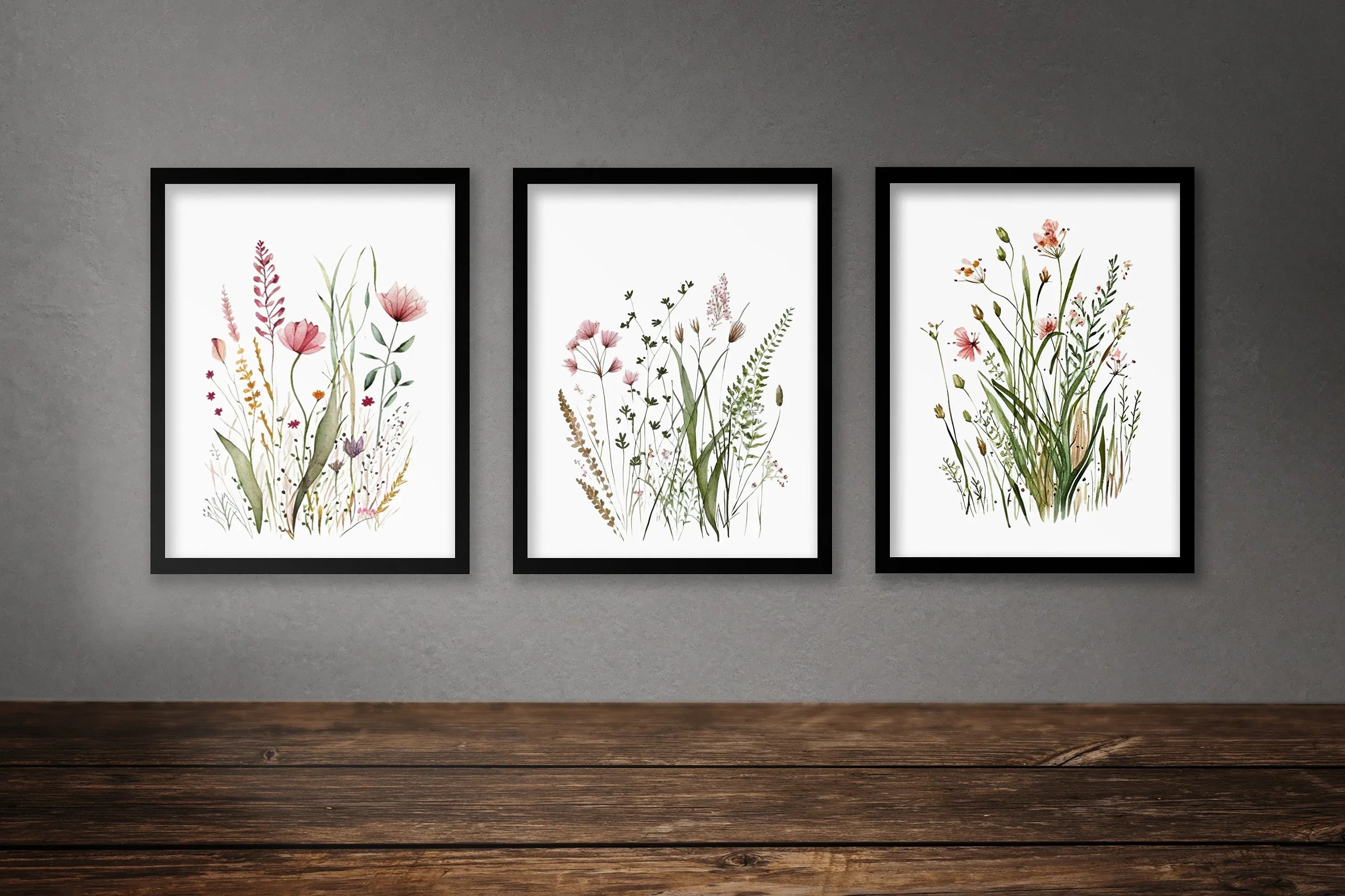 Wildflower farmhouse wall art set of 3 – vintage floral meadow decor in earthy tones