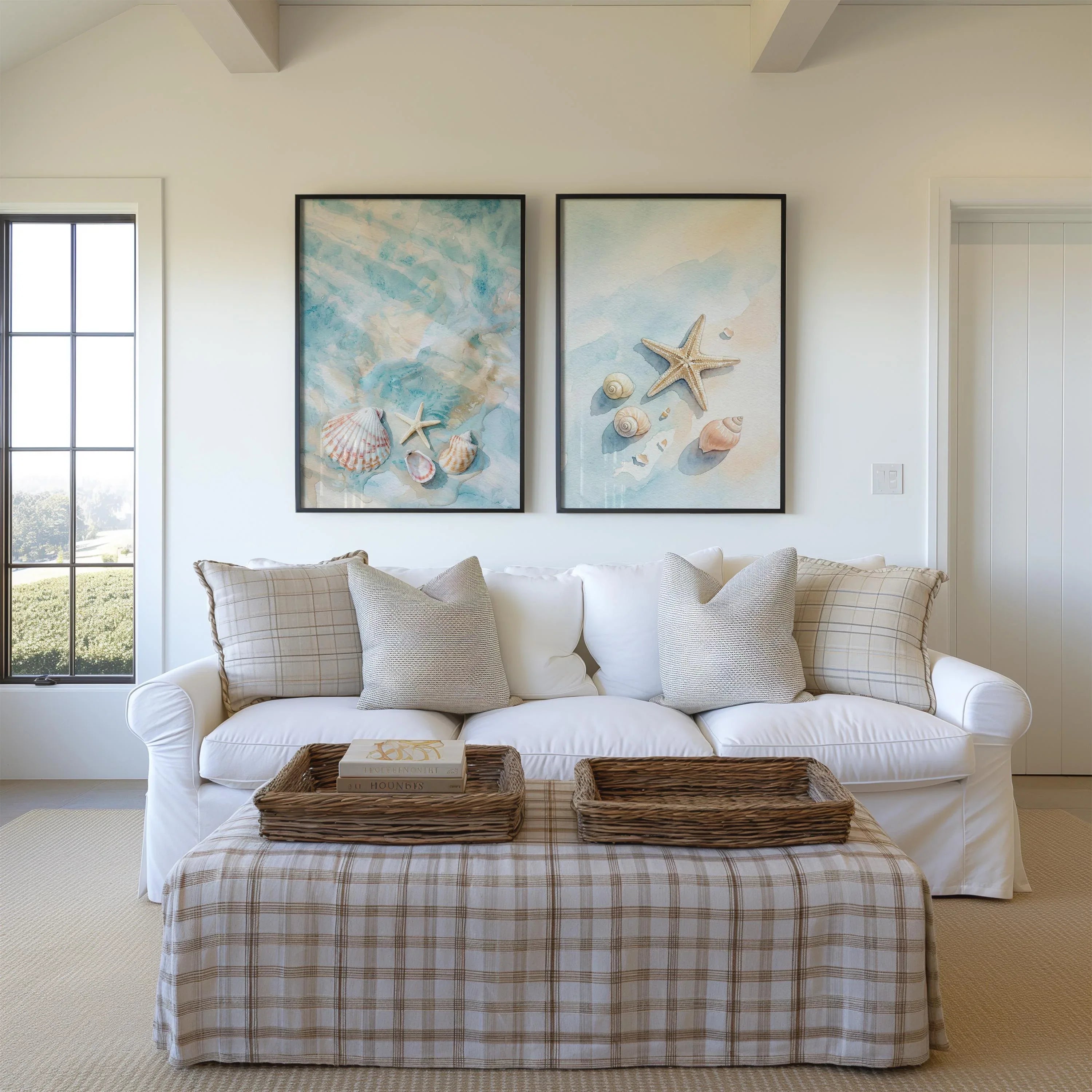 Shell and starfish coastal watercolor wall art set of 3 – ocean-inspired beach decor