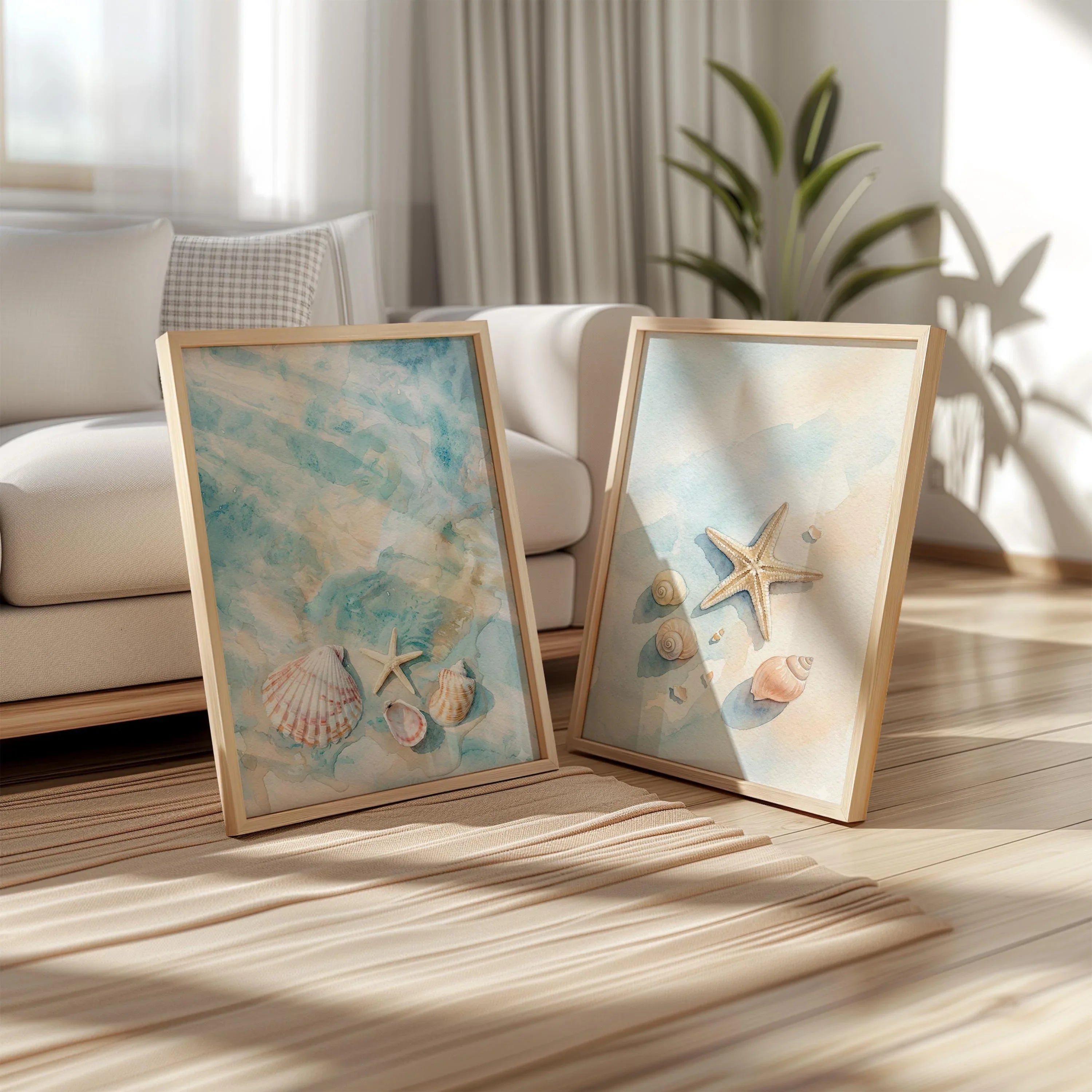 Shell and starfish coastal watercolor wall art set of 3 – ocean-inspired beach decor