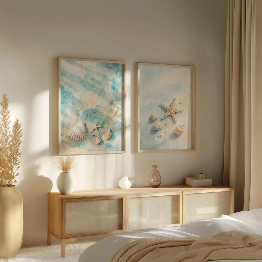 Shell and starfish coastal watercolor wall art set of 3 – ocean-inspired beach decor