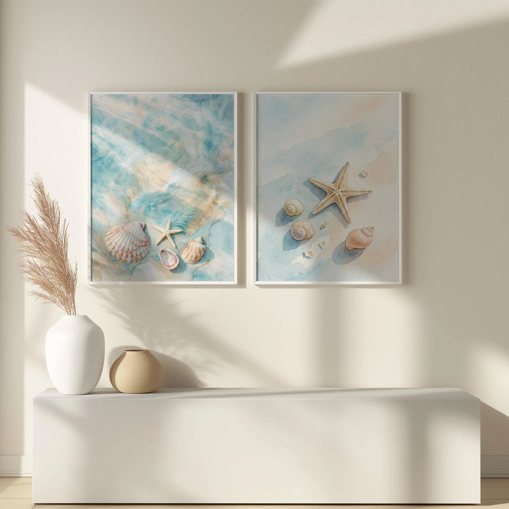 Shell and starfish coastal watercolor wall art set of 3 – ocean-inspired beach decor