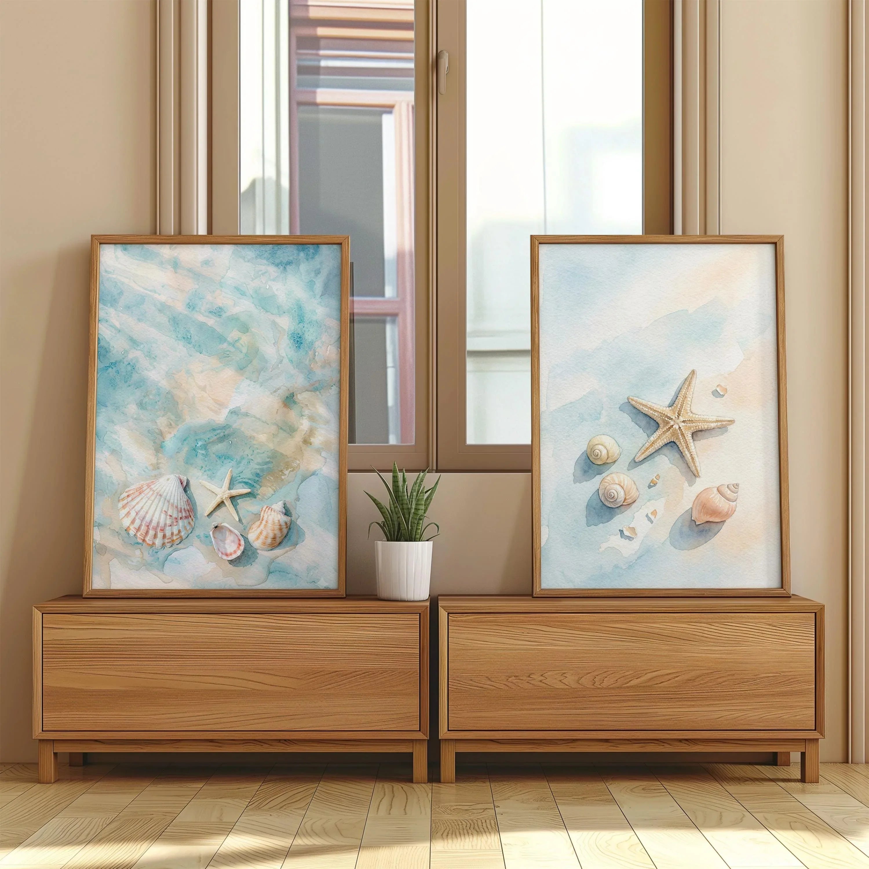 Shell and starfish coastal watercolor wall art set of 3 – ocean-inspired beach decor