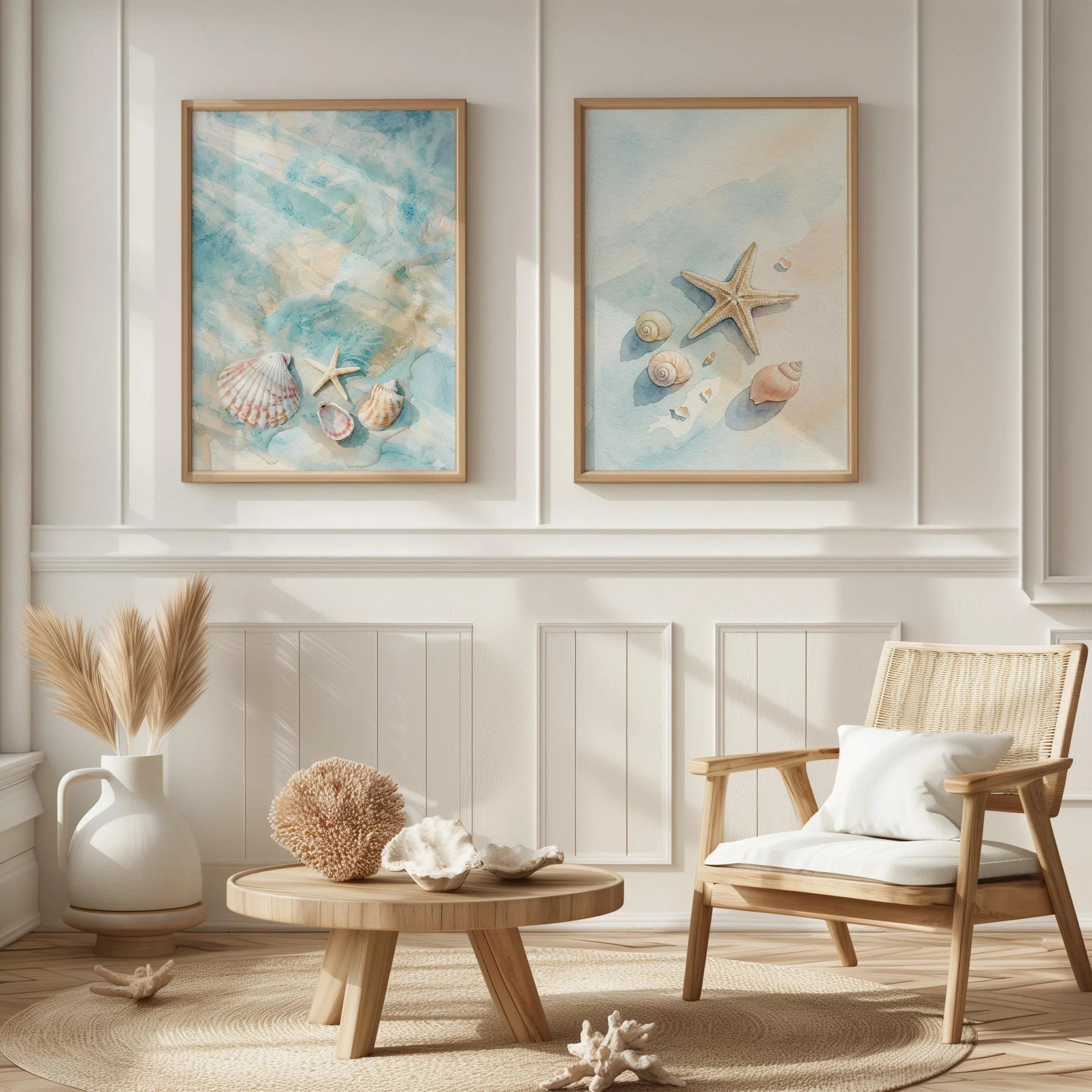 Shell and starfish coastal watercolor wall art set of 3 – ocean-inspired beach decor
