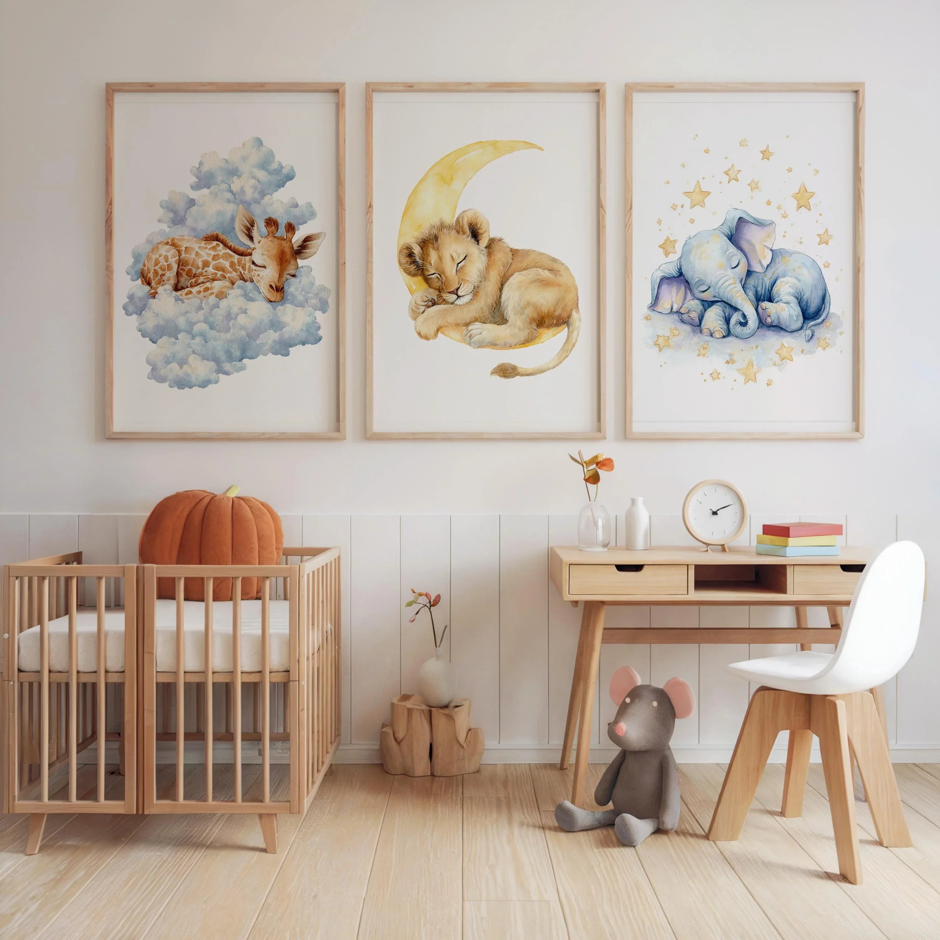 Sleeping safari animals nursery wall art set of 3 – moon stars and clouds watercolor