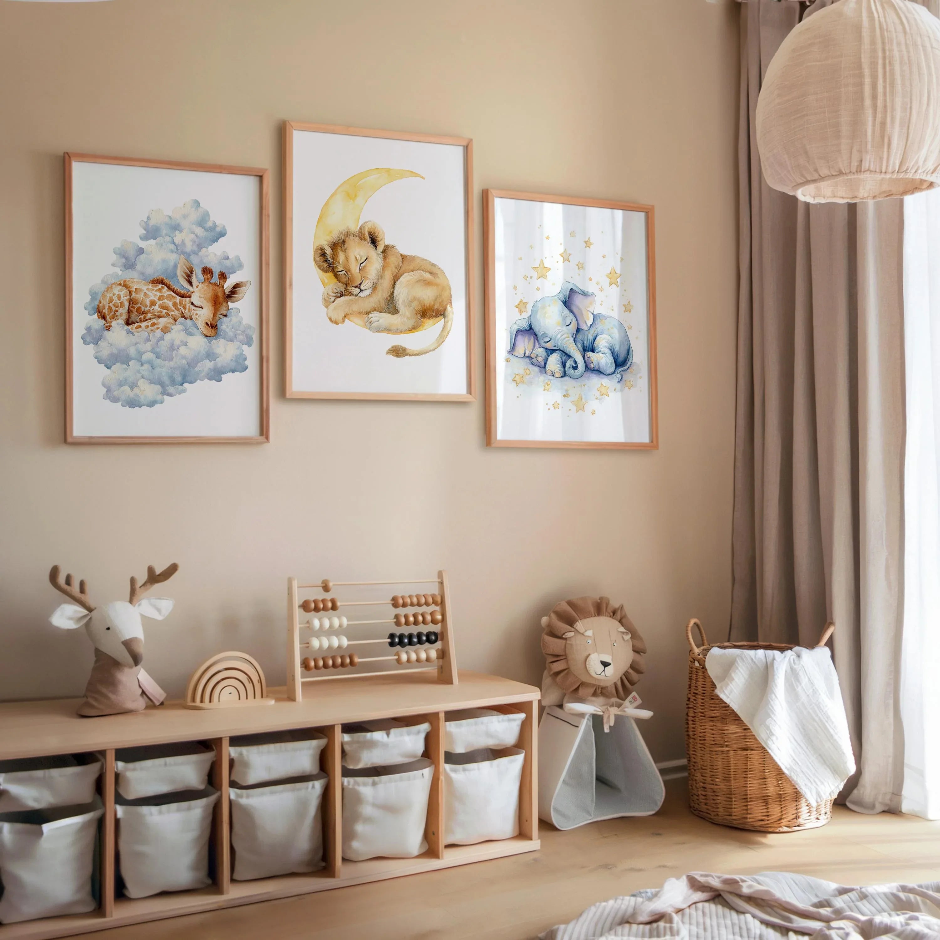 Sleeping safari animals nursery wall art set of 3 – moon stars and clouds watercolor