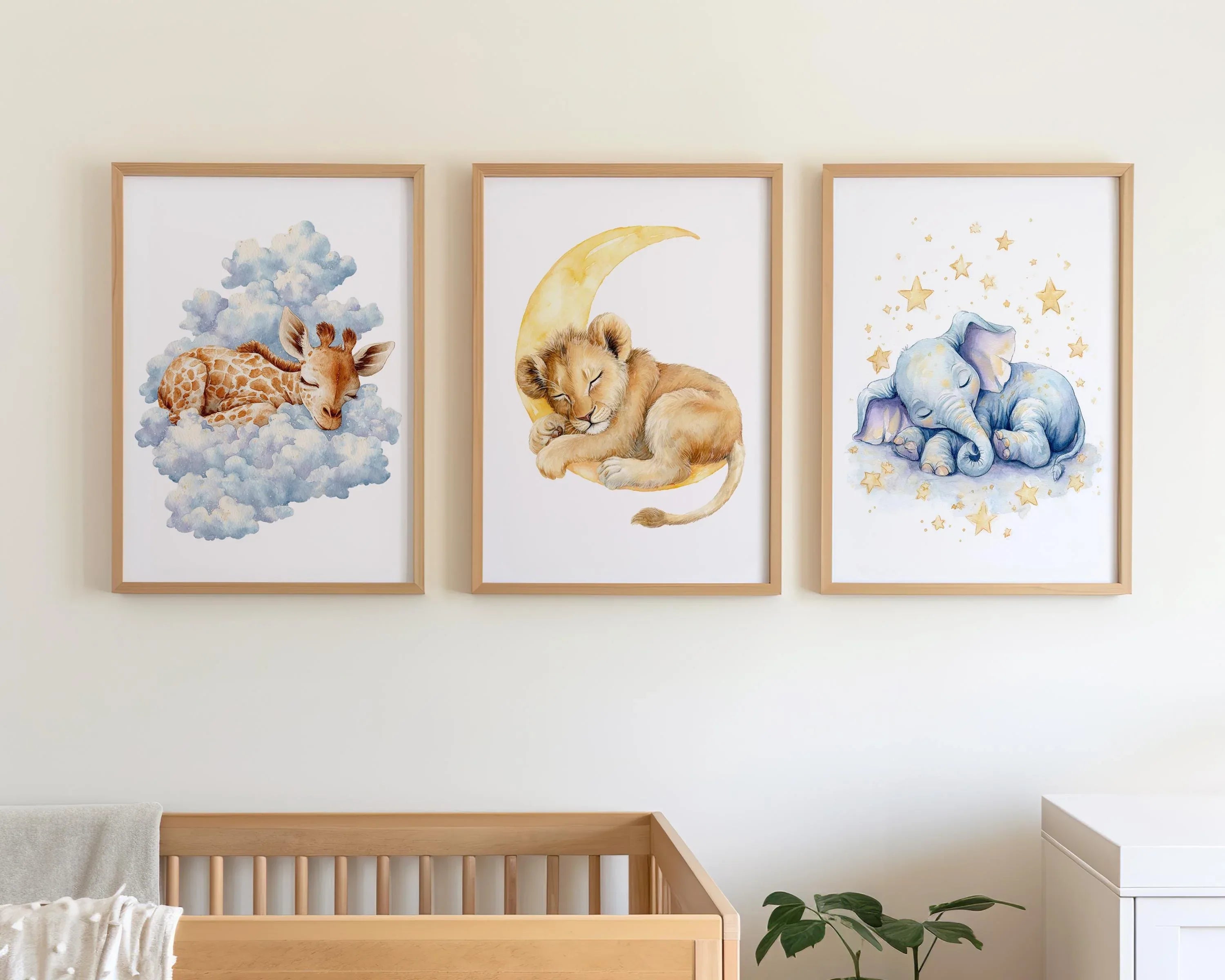 Sleeping safari animals nursery wall art set of 3 – moon stars and clouds watercolor