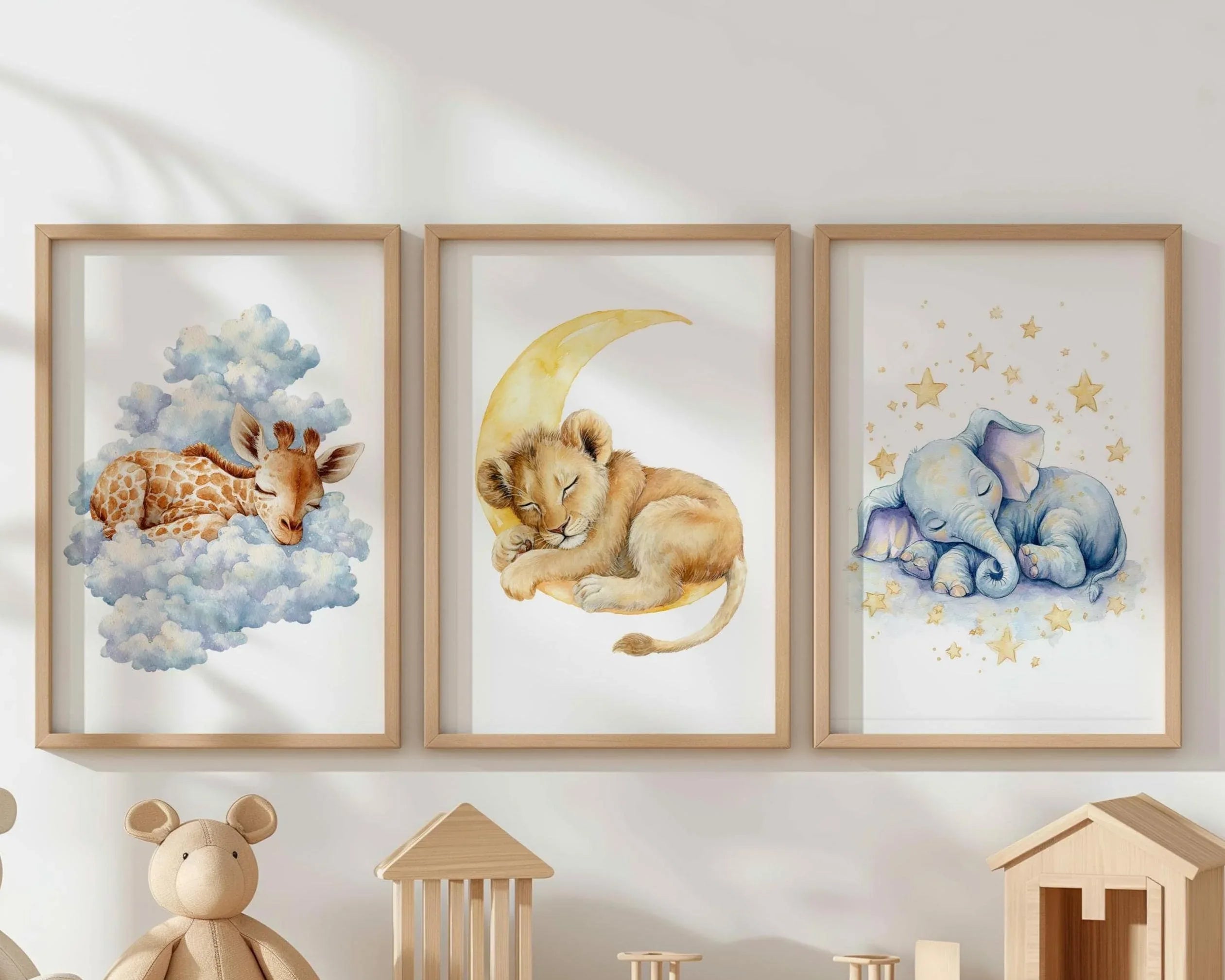 Sleeping safari animals nursery wall art set of 3 – moon stars and clouds watercolor