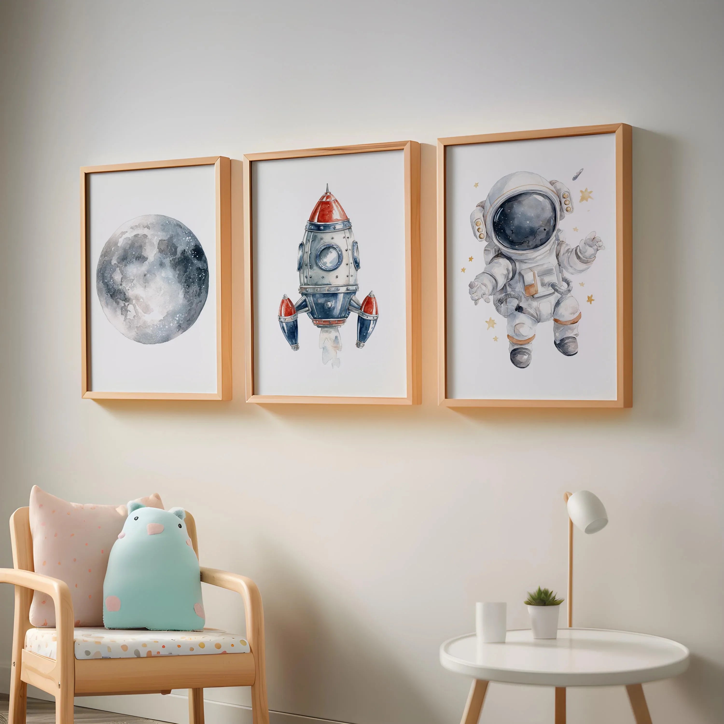 Space nursery wall art set of 3 – astronaut rocket and moon watercolor kids decor